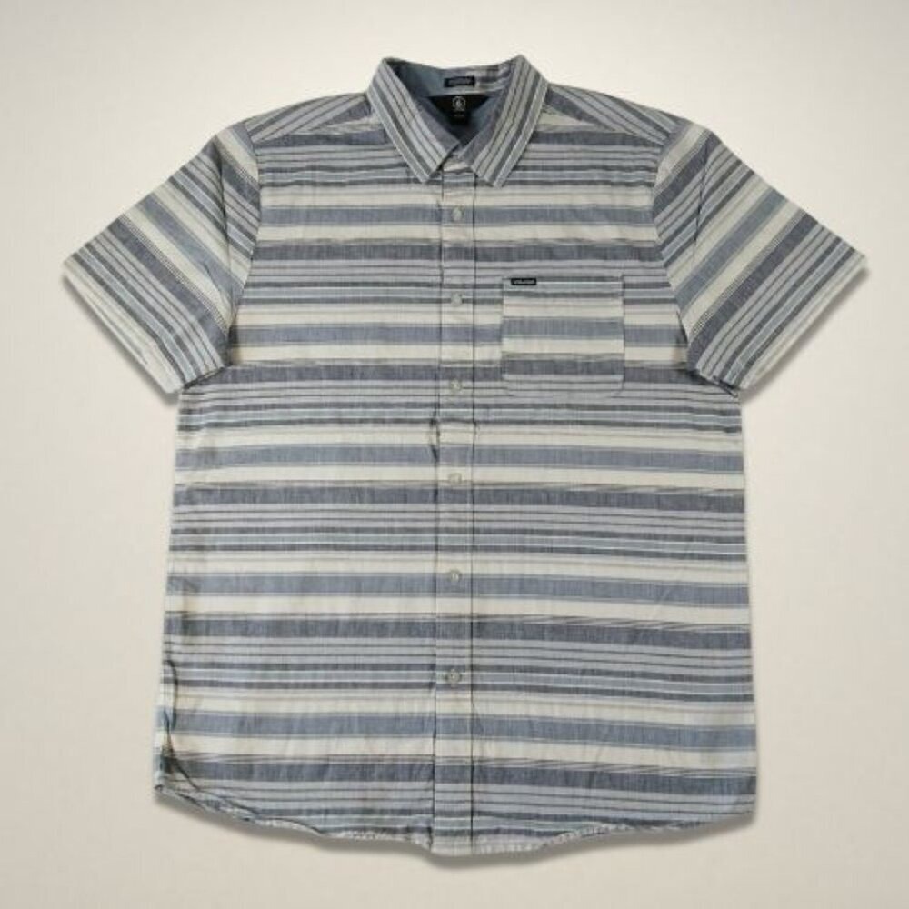Volcom Classic Button-Up Shirt Short Sleeve Pointed Collar Breathable Blue/White